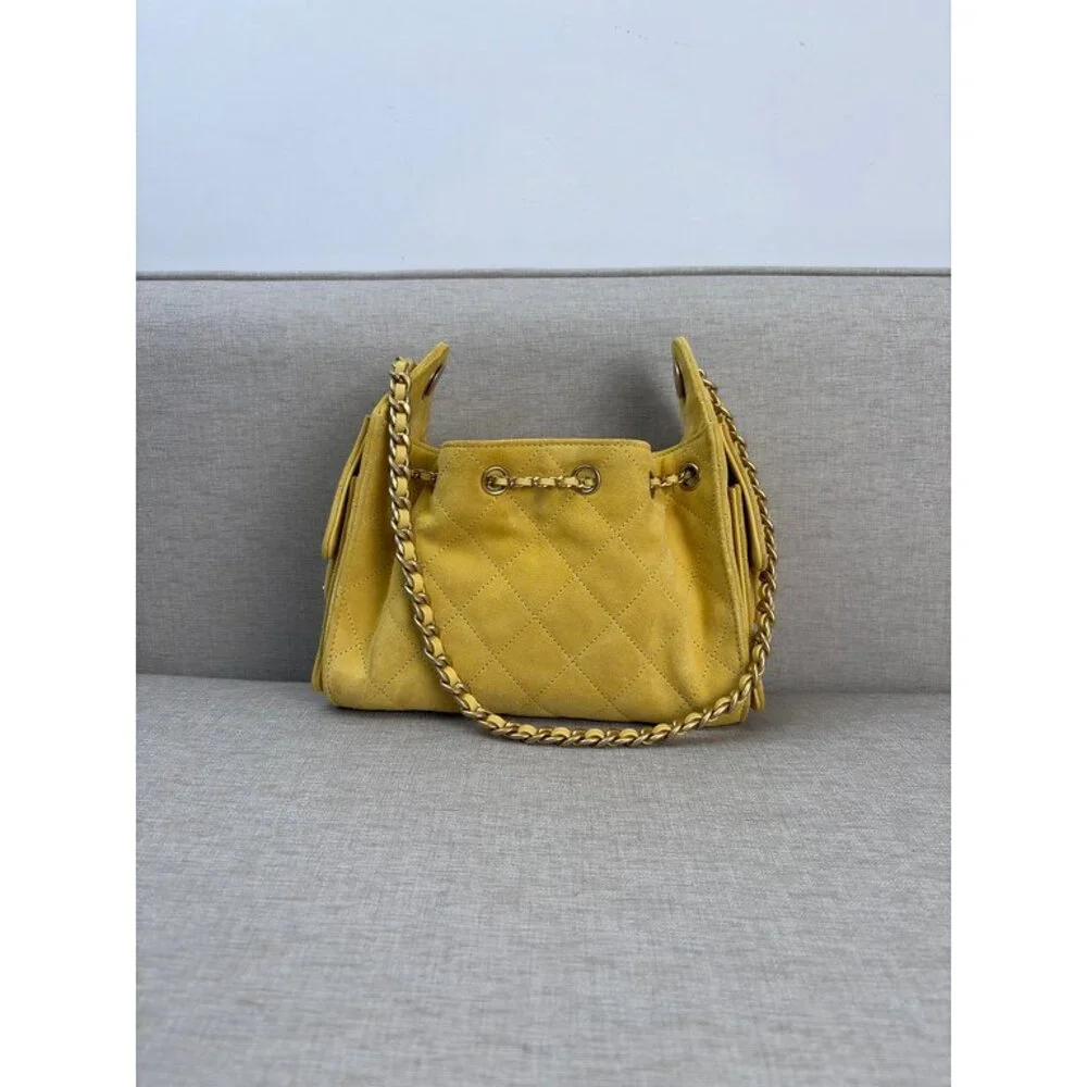 CHANEL Yellow Calfskin Drawstring Bucket Bag Mini GHW